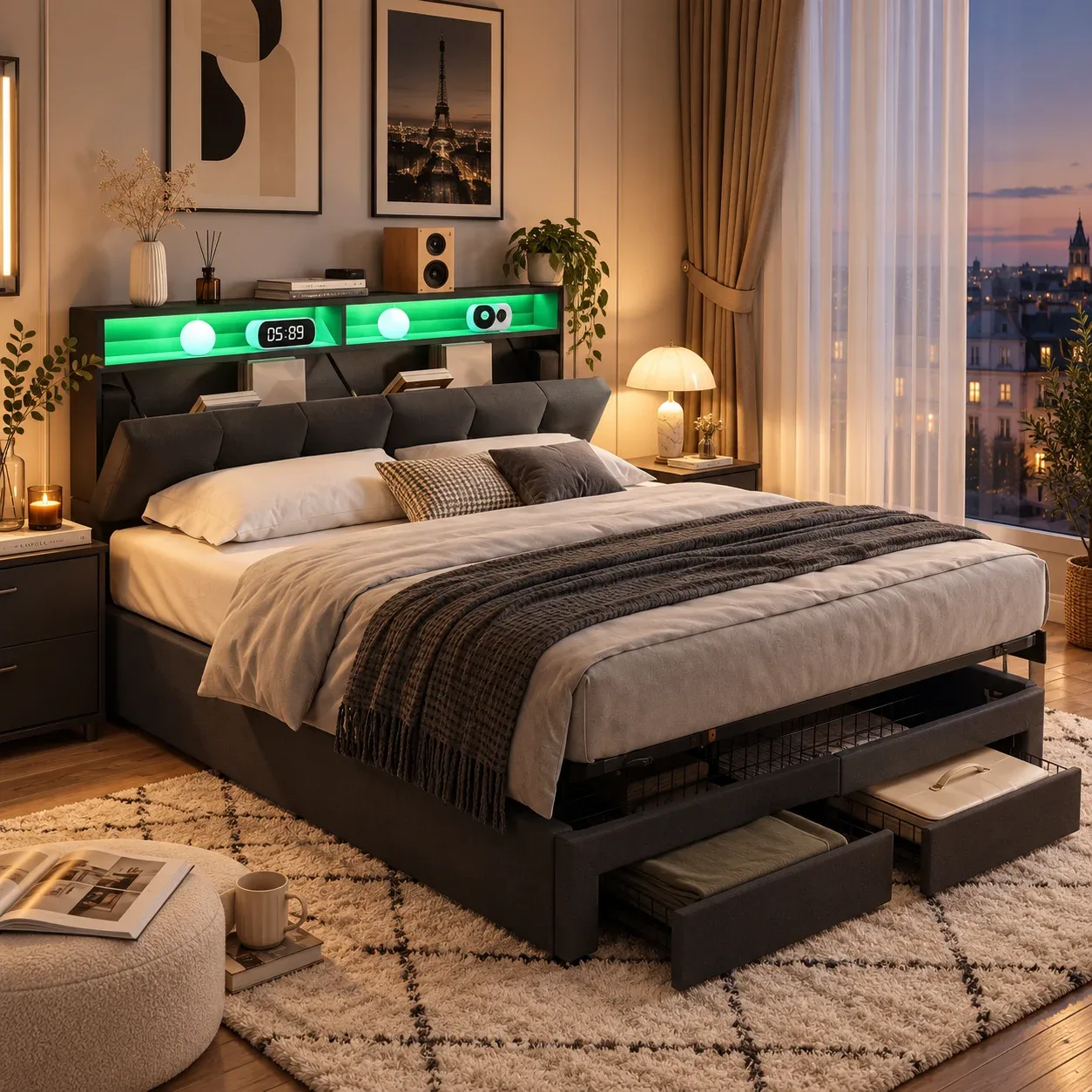 Cadre de lit double rembourré avec rangement, 160/180x200 cm, cadre de lit avec rangement hydraulique, tête de lit avec rangement et deux tiroirs, sommier à lattes, tissu en lin gris, matelas non inclus