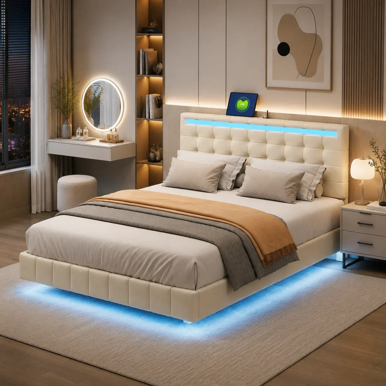 Cadre de lit double rembourré 140/160*200cm, doté d'un design à bande LED, pieds dissimulés, design flottant, tissu en lin, cadre métallique robuste avec lattes en bois, matelas non inclus, convient pour la chambre à coucher.