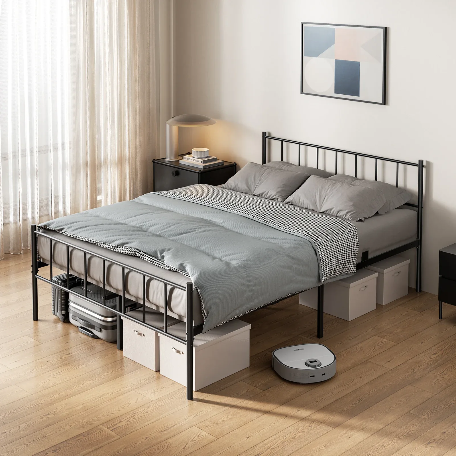 Lit double 140x200 /140×190cm - sommier avec tête de lit de pied de lit - Cadre de lit avec rangement de 32 cm sous le lit - 9 pieds et 14 lattes métalliques - robuste et silencieux - noir