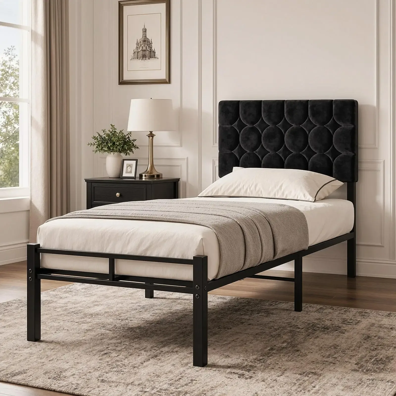 Lit 90x200 cm avec Sommier, Cadre de lit avec Tête de Lit Rembourrée, Lit en Métal 12 Lattes Robustes,Velours Gris, Lit 1 Place