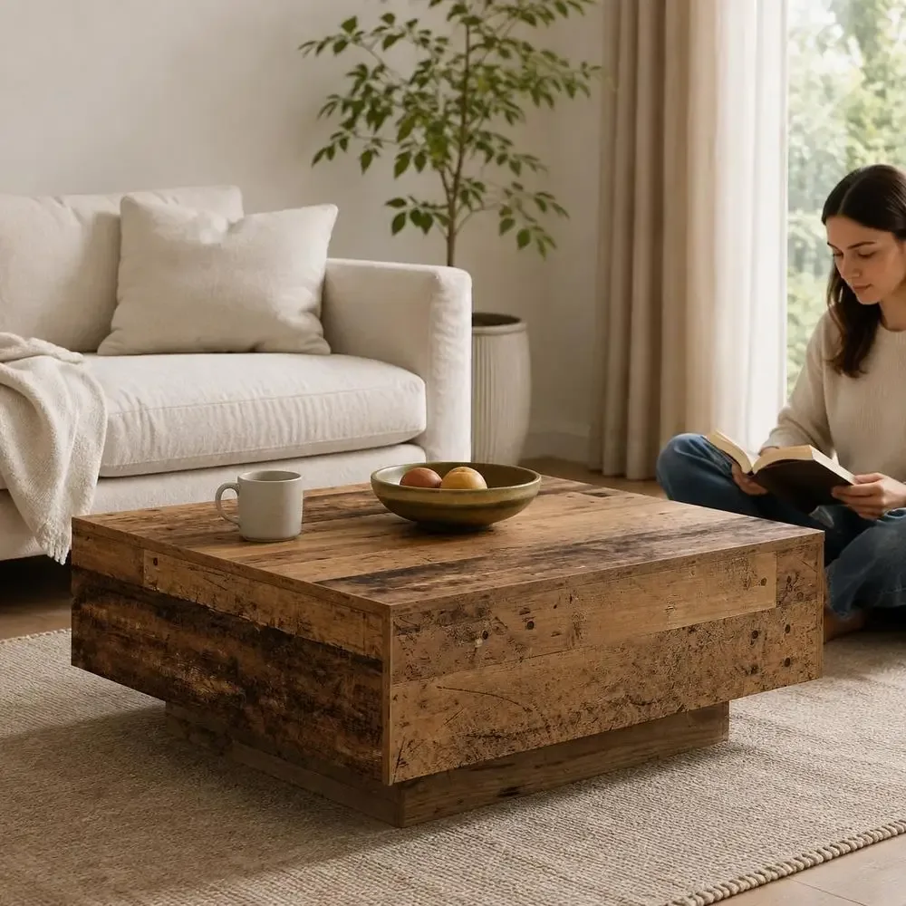 Table basse en bois d'ingénierie minimaliste 80 x 80 x 31 cm, salon, rangement, stockage, multifonctionnel, noir, naturel, design simple