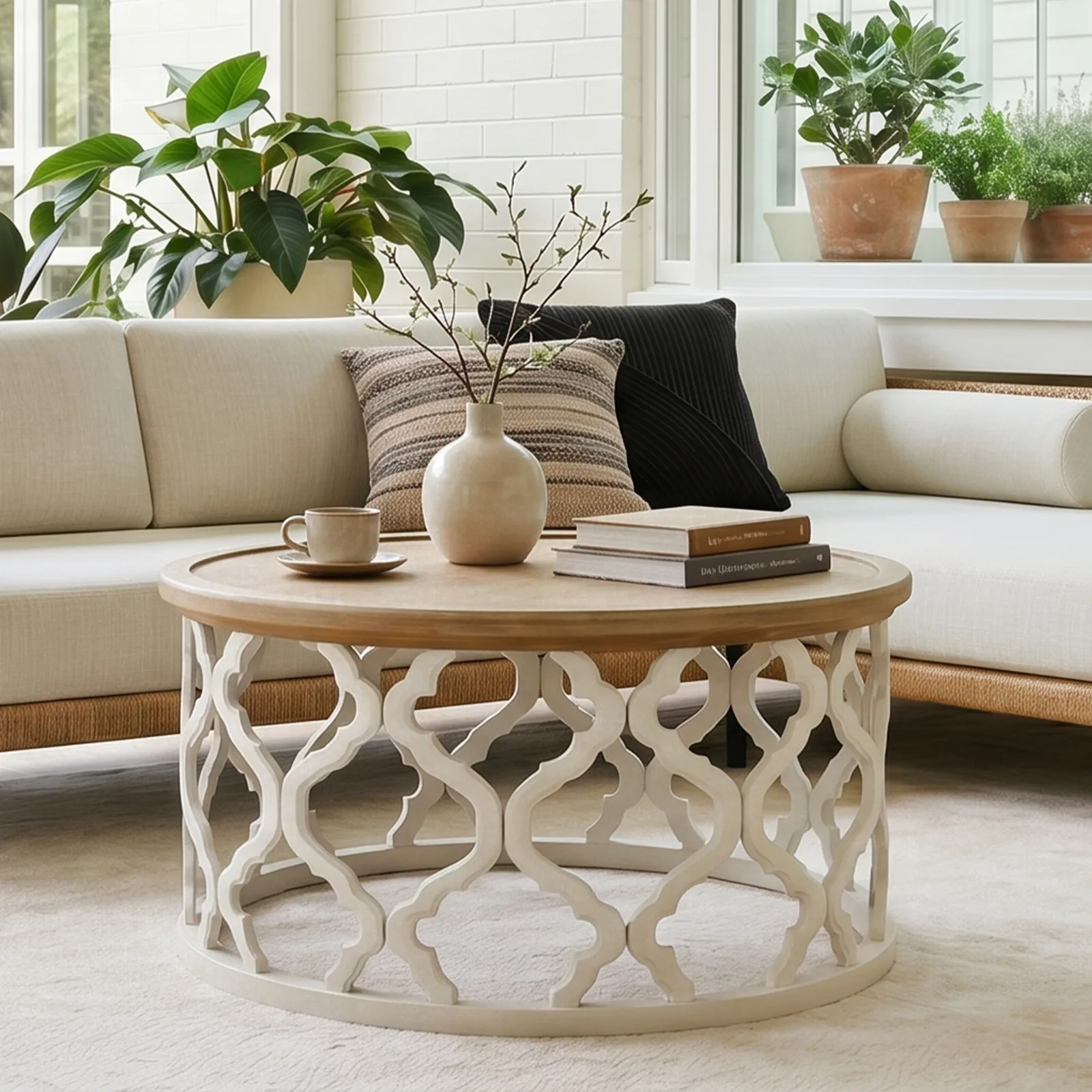 Table basse ronde en bois Ø76 cm - Table de salon plateau bois naturel et piètement ajouré blanc, style campagne chic et charme, Coffee Tables, End Tables, Living Room Tables, Nesting Tables, Pedestal Tables, Sofa Tables