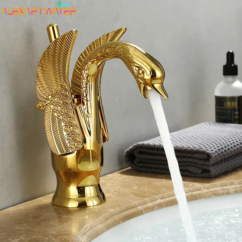Robinet de lavabo doré, évier monté sur le pont, robinets courts en forme de cygne, évier à poignée unique, robinet mitigeur d'eau chaude et froide