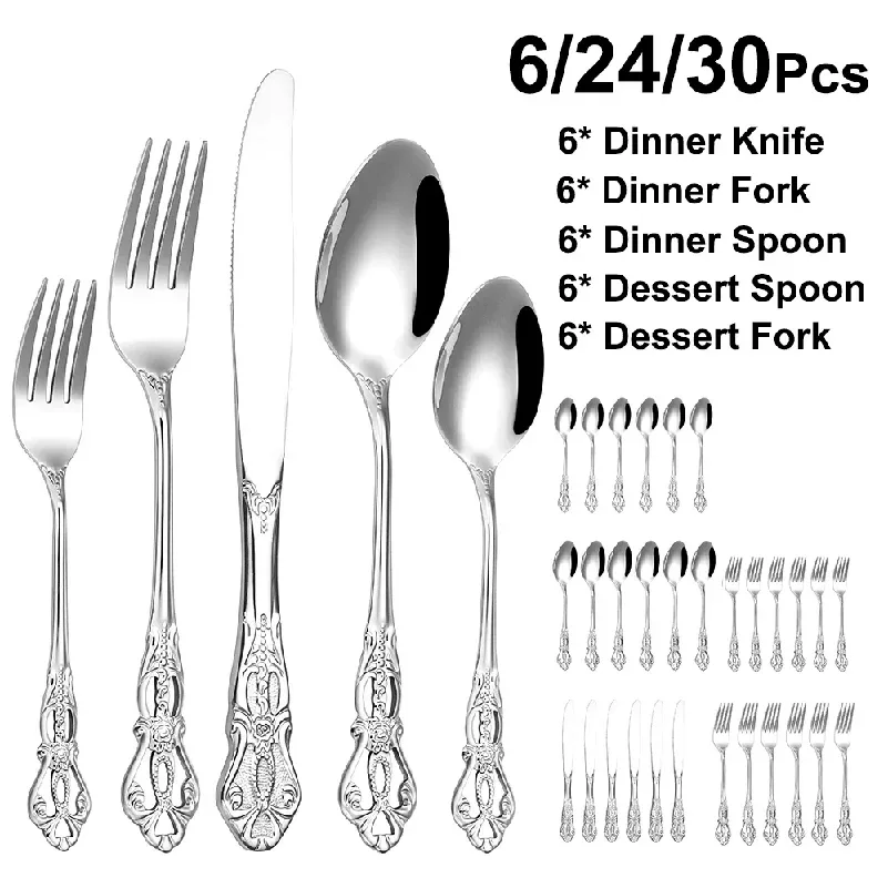 Ensemble de 6 couverts argentés en acier inoxydable, vaisselle de luxe occidentale, ensemble de dîner élégant, couteau, fourchette, cuillère, couverts miroir