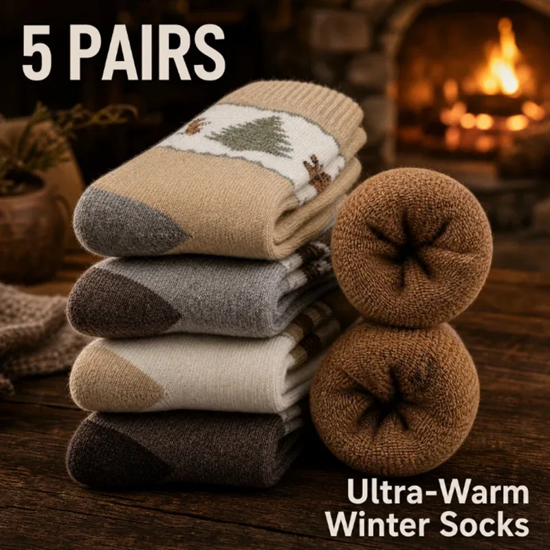 5 paires de chaussettes thermiques vintage pour femme, épaisses et chaudes, en tissu éponge, mi-mollet, tons terreux, pour le camping et les activités de plein air