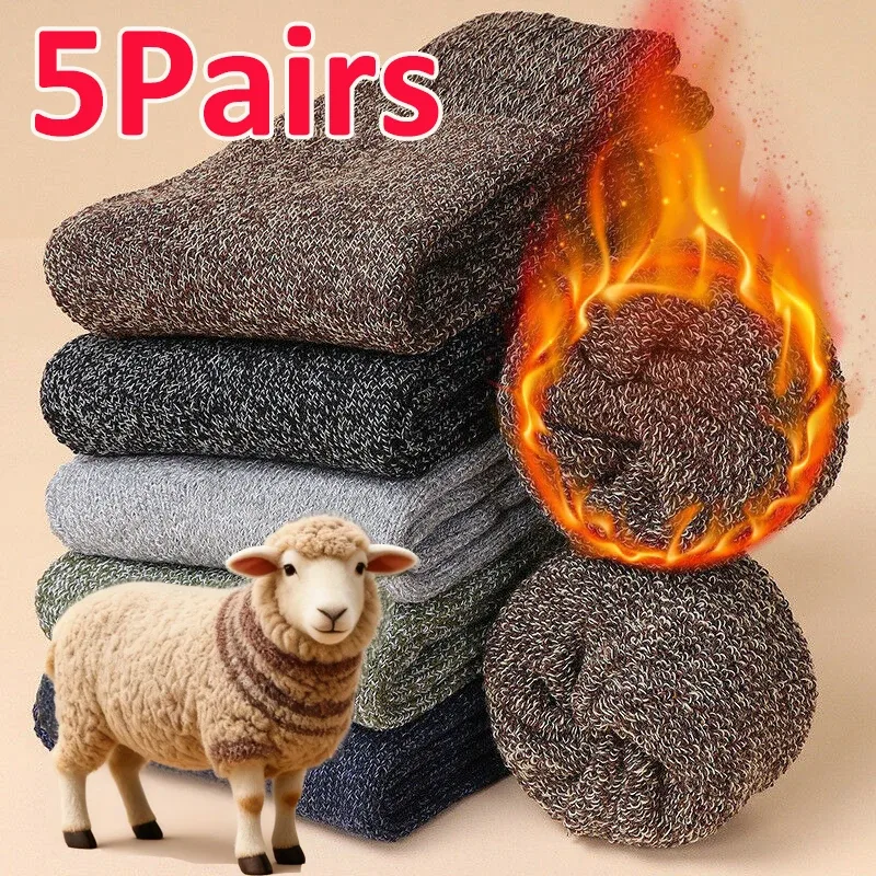 5 paires de chaussettes d'hiver en laine mérinos pour hommes, épaisses, couleur unie, chaudes, mi-mollet, pour bottes de neige, anti-froid, rétro, en tissu éponge mérinos.