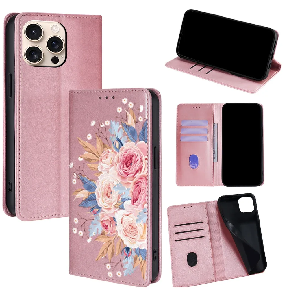 Étui portefeuille à rabat en cuir magnétique à motif floral pour iPhone 17 Pro Max 16 15 14 13 12 11 Pro Max 16 Plus, étui à fentes pour cartes aériennes