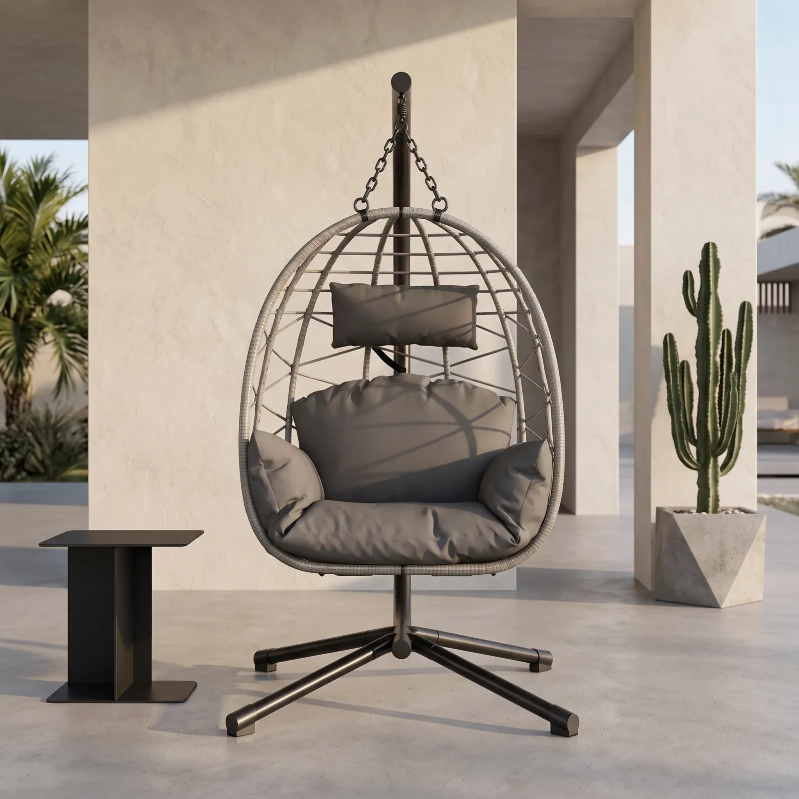 Fauteuil suspendu en forme d'œuf en rotin avec support - Intérieur/extérieur, hauteur réglable, cadre en acier robuste - Coussins lavables imperméables + appui-tête, housse incluse - tarif 150 kg