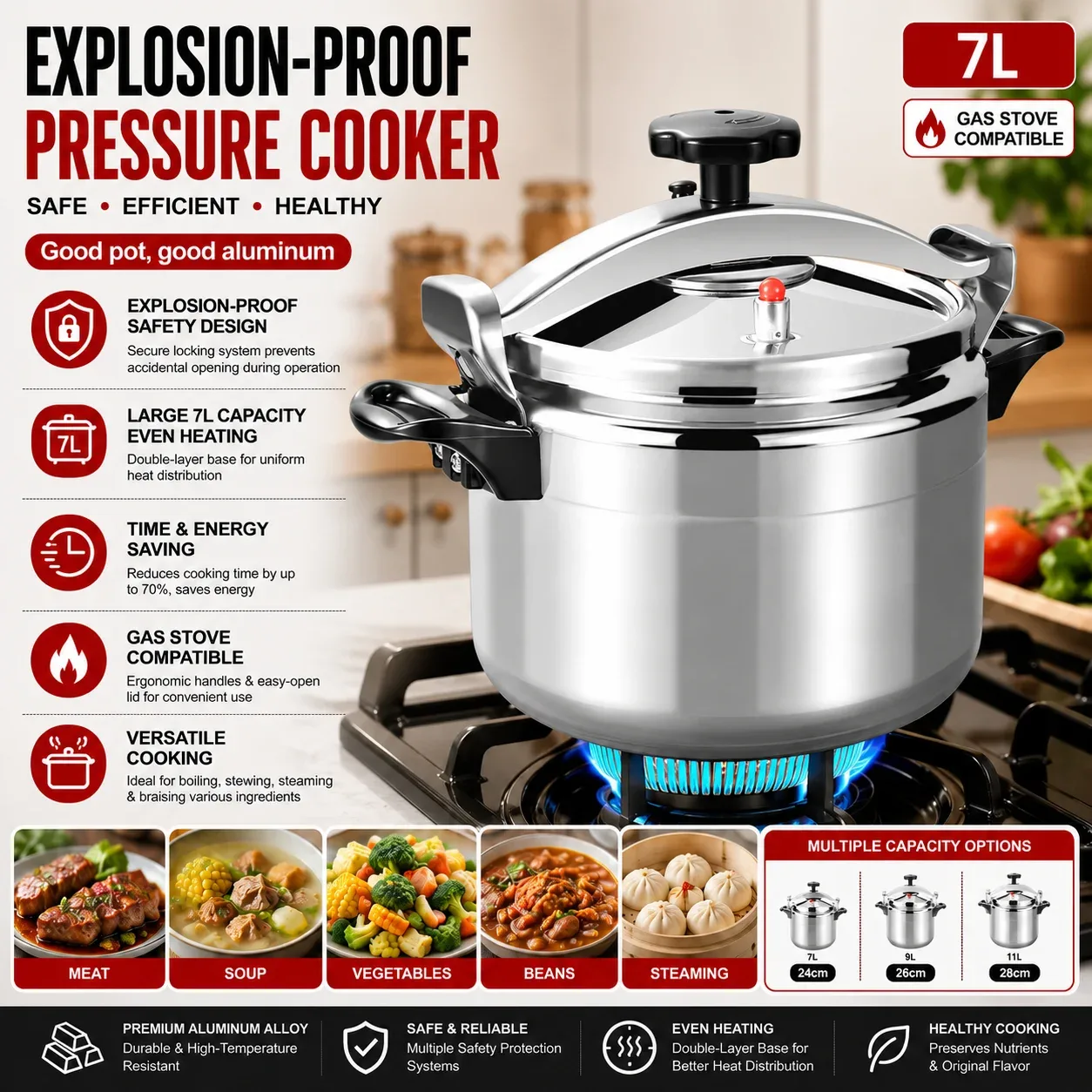 Casserole à pression en aluminium, casserole à pression pour cuisinière à gaz, casserole multi-usages pour cuisson rapide à la maison ou au restaurant, ustensile de cuisine.