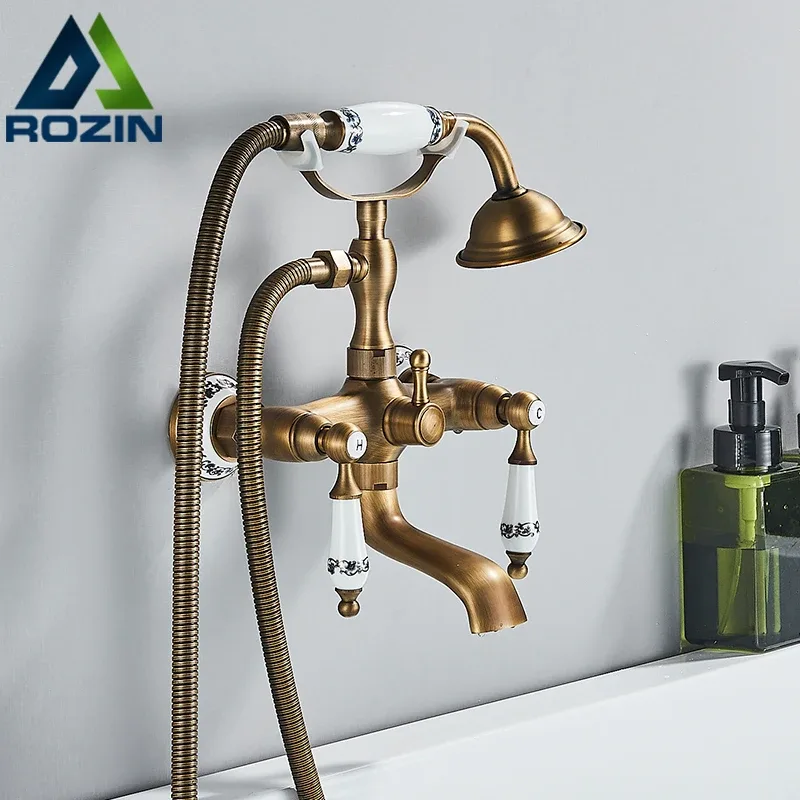 Rozin robinet de baignoire en laiton de Style rétro, ensemble de robinets de douche à double boutons mélangeur de baignoire mural avec douchette et robinet de bec de baignoire pivotant