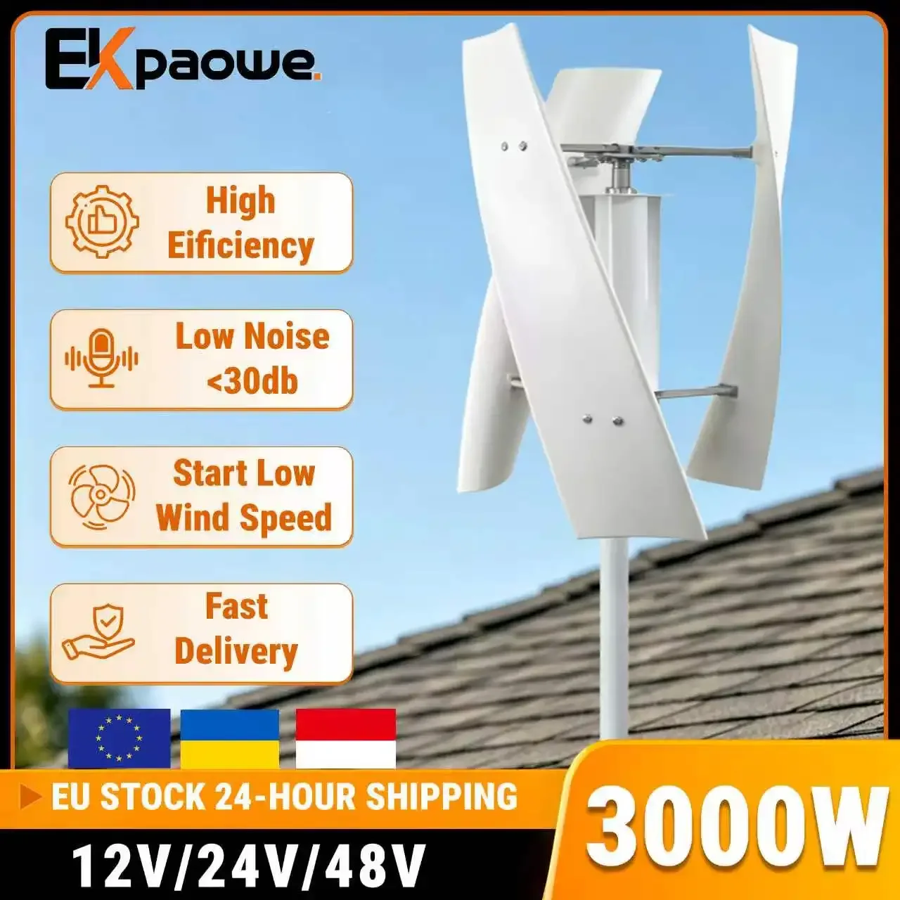 Générateur éolien vertical EKPAOWE Home 3000W 12V 24V 48V pour système hors réseau, livraison rapide depuis l'entrepôt polonais pour l'énergie renouvelable