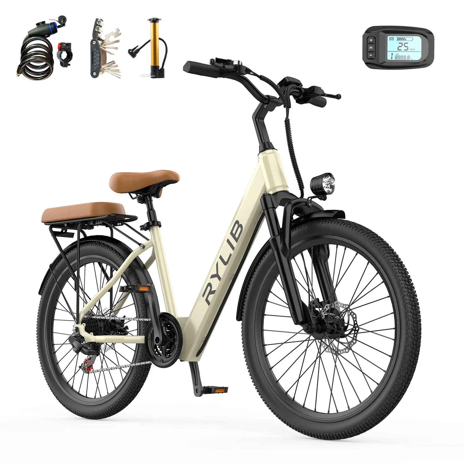 Vélo Ville Électrique 24'' pour Adultes SU7, Batterie Intégrée 36V 13Ah, 250W, 7 Vitesses, 25km/h, 35 à 50km, Écran LED avec Déverrouillage NFC, 250W E-bike Urbain pour Femmes et Hommes