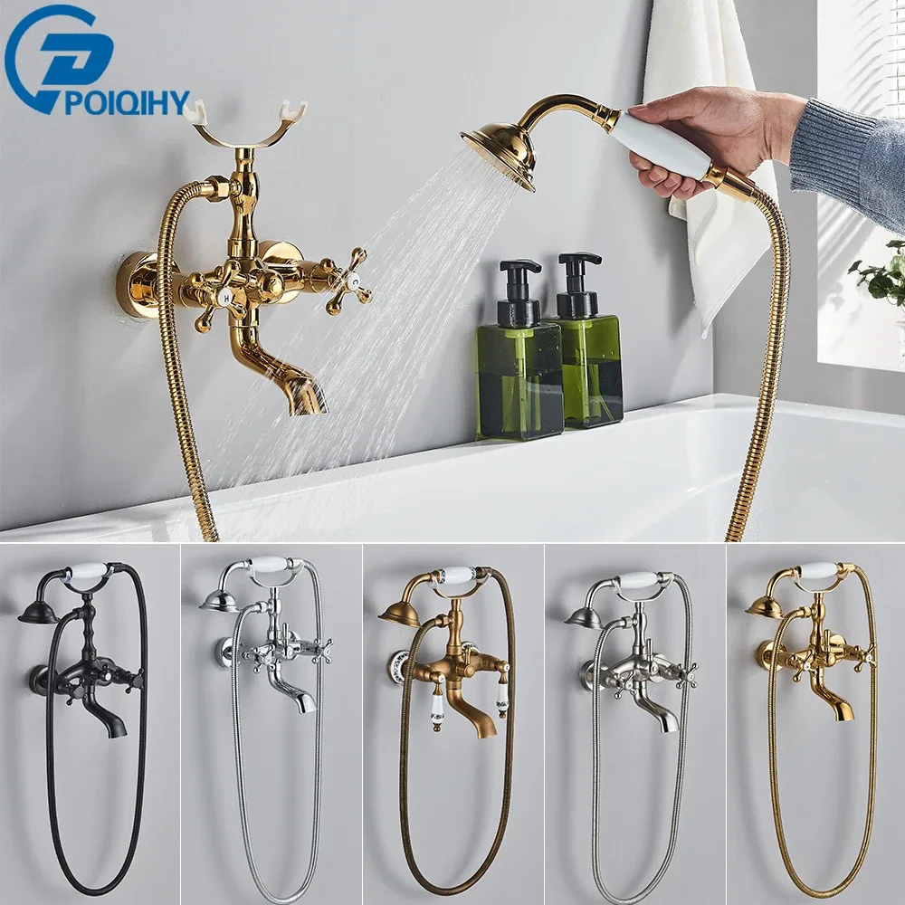 POIQIHY doré noir baignoire robinets de douche salle de bain mur bain-douche ensemble en laiton mitigeur bec de baignoire pivotant mélangeurs de douche de bain