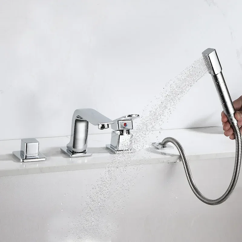 Robinet de baignoire de salle de bains, robinet de lavabo de pont/mélangeur de baignoire à main mural, robinet d'eau froide et chaude avec pomme de douche extractible 4 pièces/ensemble
