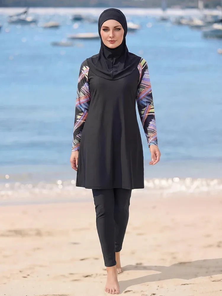 Ensemble de 3 burkinis anti-UV pour femmes, maillot de bain islamique modeste à manches longues imprimé, vêtements de plage musulmans respirants et à séchage rapide