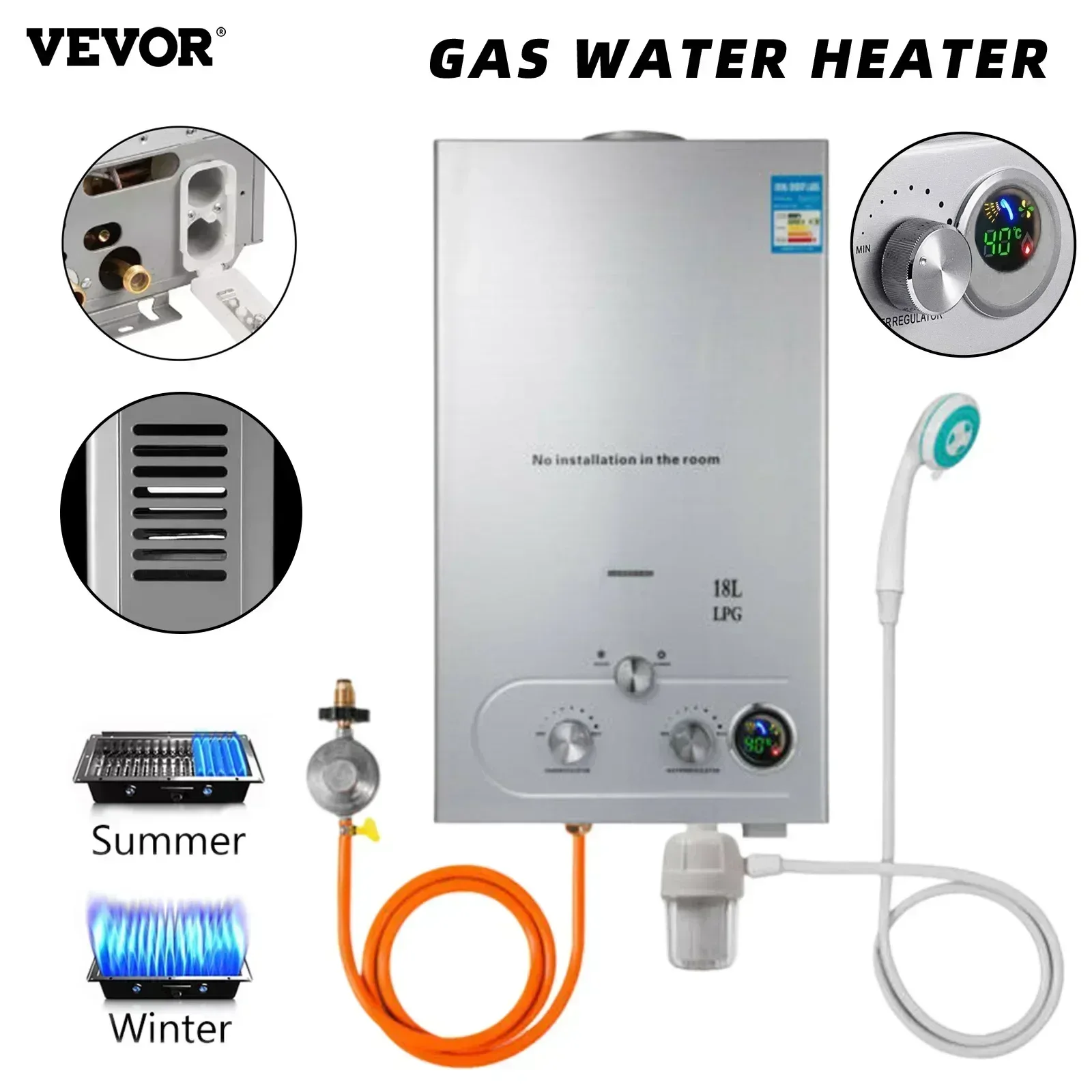 Chauffe-eau instantané sans réservoir au gaz GPL VEVOR 6L 8L 10L 12L 16L 18L pour usage domestique
