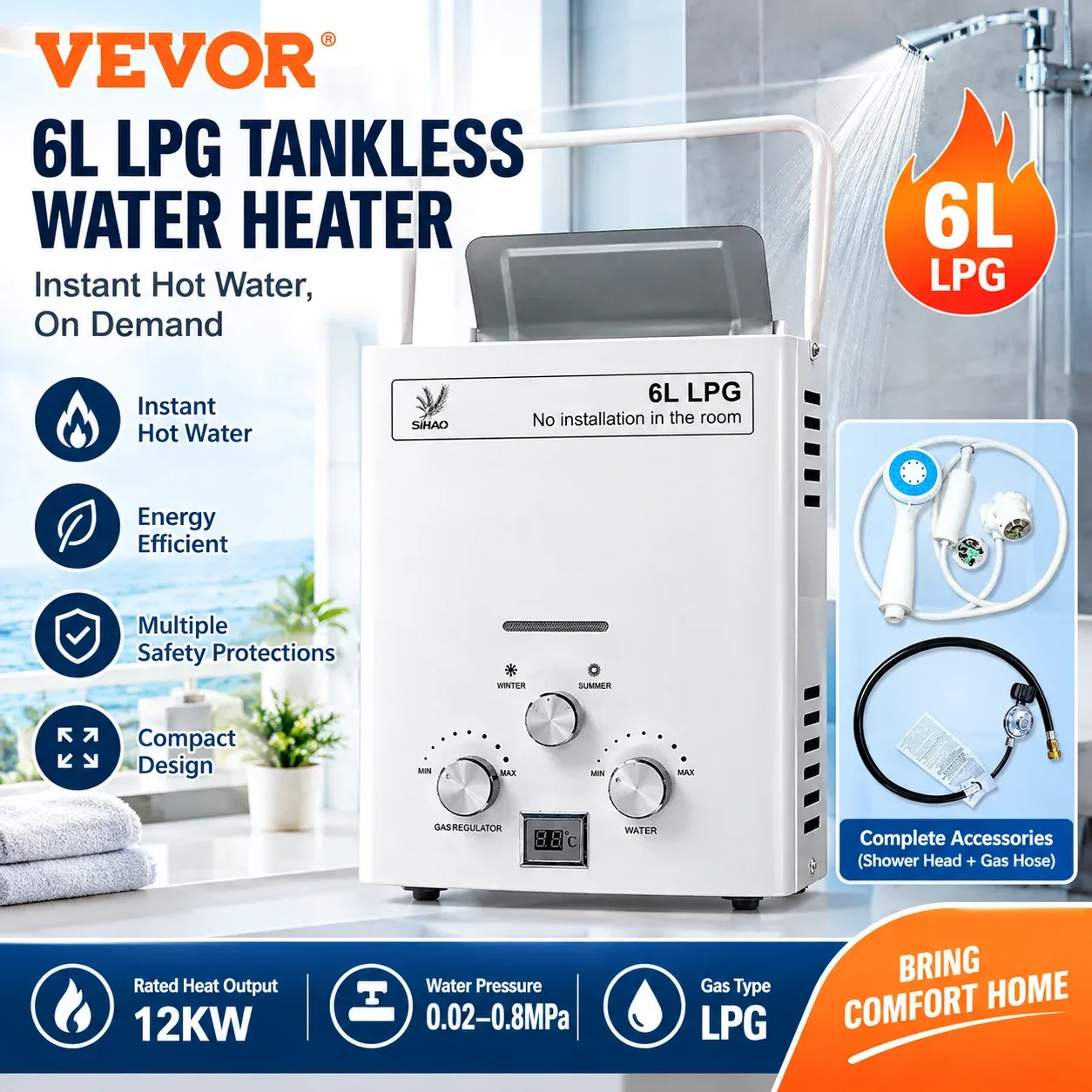 Chauffe-eau à gaz portable SIHAO 6L pour extérieur avec affichage numérique et régulateur de pression de la pomme de douche pour le camping et les voyages