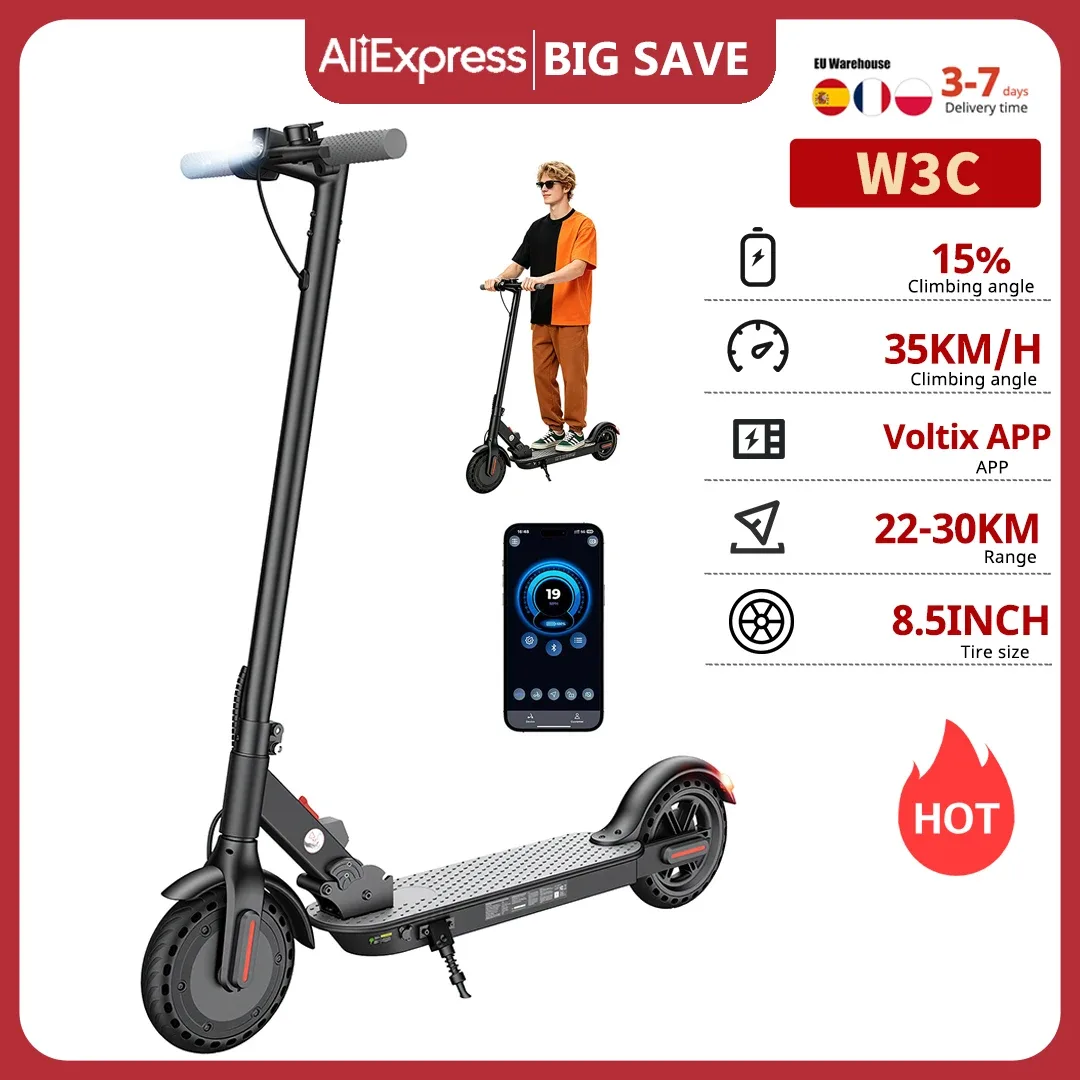 Trottinette électrique W3C, roues de 8,5 pouces, moteur 500W max, batterie 36V 7,8Ah, autonomie 22-30 km, 3 vitesses, 35 km/h, propulsion arrière, frein à moyeu arrière + frein électrique, avec application, trottinette électrique.