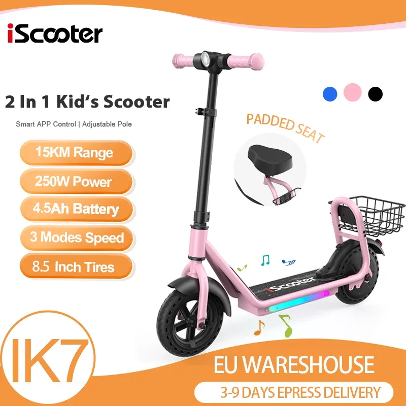 Trottinette électrique pour enfants IScooter IK7 avec panier et siège amovible, moteur 250W, 3 modes de vitesse, roues de 8,5 pouces, hauteur réglable, lecture de musique Bluetooth, trottinette électrique avec contrôle par application intelligente.