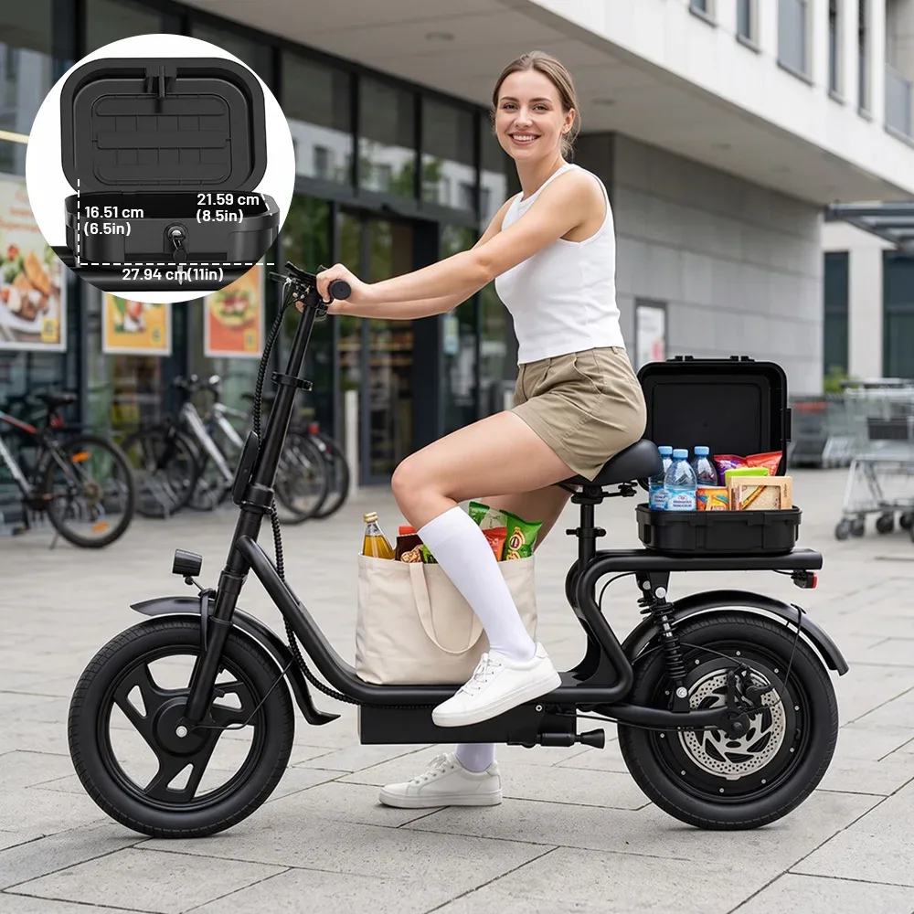 Trottinette électrique HEADER H1L 500W avec siège, batterie 48V 10.4Ah, pneus pneumatiques de 14 pouces, trottinette électrique pliable pour adultes avec panier de rangement arrière compact, autonomie de 21 à 27 miles, capacité de 120 kg pour les trajets quotidiens.