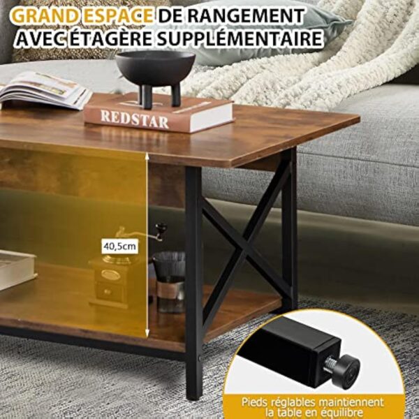 COSTWAY Table Basse à 2 Niveaux, Table Salon Industrielle Plateau en Bois et Cadre Métallique en Forme de X, Pieds Réglables pour Salon, Chambre, Bureau, 110 x 60 x 48 cm (Style1, Brun Rustique) – Image 6