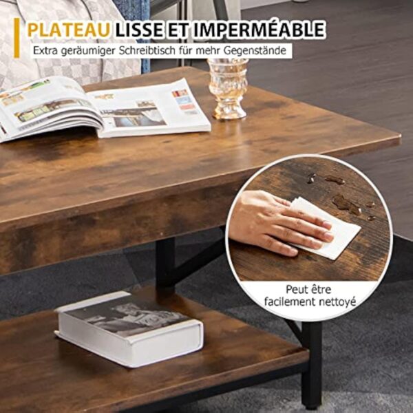 COSTWAY Table Basse à 2 Niveaux, Table Salon Industrielle Plateau en Bois et Cadre Métallique en Forme de X, Pieds Réglables pour Salon, Chambre, Bureau, 110 x 60 x 48 cm (Style1, Brun Rustique) – Image 7