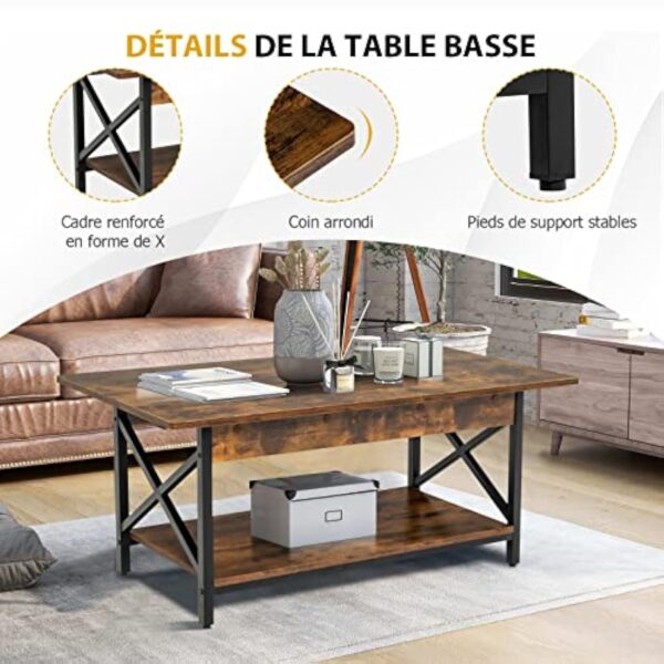 COSTWAY Table Basse à 2 Niveaux, Table Salon Industrielle Plateau en Bois et Cadre Métallique en Forme de X, Pieds Réglables pour Salon, Chambre, Bureau, 110 x 60 x 48 cm (Style1, Brun Rustique) – Image 8