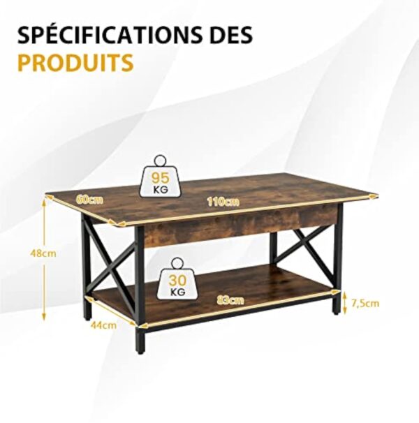 COSTWAY Table Basse à 2 Niveaux, Table Salon Industrielle Plateau en Bois et Cadre Métallique en Forme de X, Pieds Réglables pour Salon, Chambre, Bureau, 110 x 60 x 48 cm (Style1, Brun Rustique) – Image 9