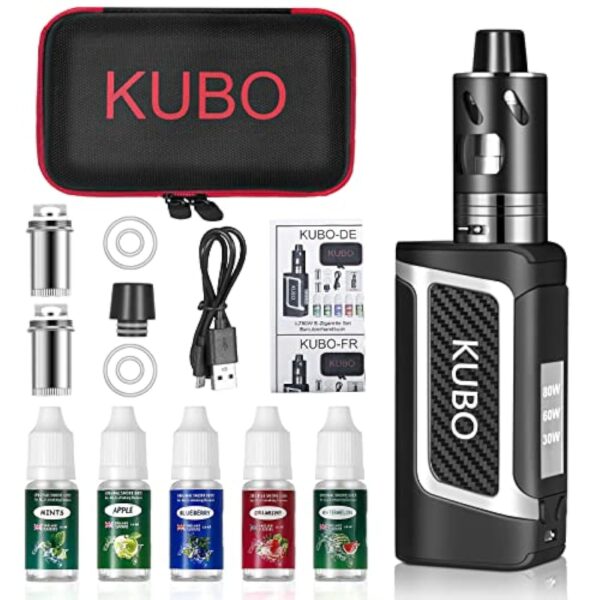 Cigarette Electronique Kit Complet E Cigarette et 5x10ml E liquide 80W Mod Kit avec Atomiseur 0,5 Ohm/ 2ml Batterie 2000mAh Vape, écran LED Watt réglable 0,0mg nicotine E Chicha KUBO LZ80W - Noir