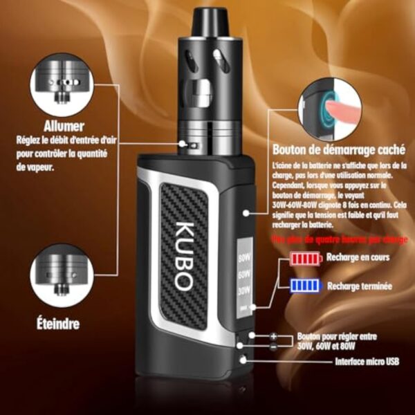 Cigarette Electronique Kit Complet E Cigarette et 5x10ml E liquide 80W Mod Kit avec Atomiseur 0,5 Ohm/ 2ml Batterie 2000mAh Vape, écran LED Watt réglable 0,0mg nicotine E Chicha KUBO LZ80W - Noir – Image 3