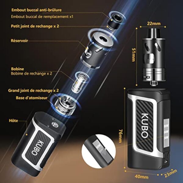 Cigarette Electronique Kit Complet E Cigarette et 5x10ml E liquide 80W Mod Kit avec Atomiseur 0,5 Ohm/ 2ml Batterie 2000mAh Vape, écran LED Watt réglable 0,0mg nicotine E Chicha KUBO LZ80W - Noir – Image 4