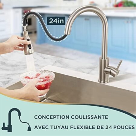 FORIOUS Robinet Cuisine, Mitigeur Cuisine Douchette Evier Cuisine Pivotant à 360° d'Évier à Arc Élevé Pulvérisateur Escamotable 2 Modes, Acier Inoxydable – Image 3