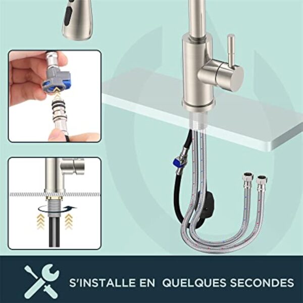 FORIOUS Robinet Cuisine, Mitigeur Cuisine Douchette Evier Cuisine Pivotant à 360° d'Évier à Arc Élevé Pulvérisateur Escamotable 2 Modes, Acier Inoxydable – Image 6