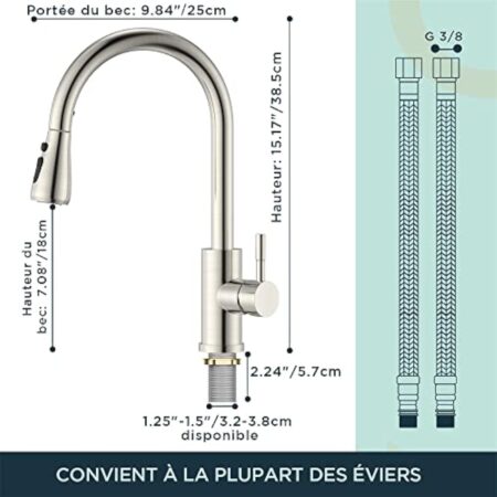 FORIOUS Robinet Cuisine, Mitigeur Cuisine Douchette Evier Cuisine Pivotant à 360° d'Évier à Arc Élevé Pulvérisateur Escamotable 2 Modes, Acier Inoxydable – Image 7