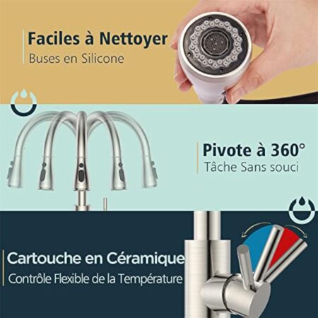 FORIOUS Robinet Cuisine, Mitigeur Cuisine Douchette Evier Cuisine Pivotant à 360° d'Évier à Arc Élevé Pulvérisateur Escamotable 2 Modes, Acier Inoxydable – Image 8