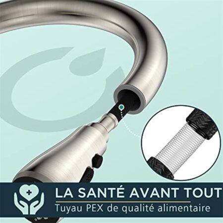 FORIOUS Robinet Cuisine, Mitigeur Cuisine Douchette Evier Cuisine Pivotant à 360° d'Évier à Arc Élevé Pulvérisateur Escamotable 2 Modes, Acier Inoxydable – Image 9