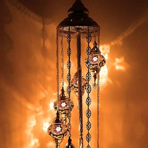 Lampadaire fait à la main turc, marocain, arabe, oriental, bohémien, style Tiffany, mosaïque en verre, coloré, argenté, décoration d'intérieur (doré A - 7 boules) – Image 6