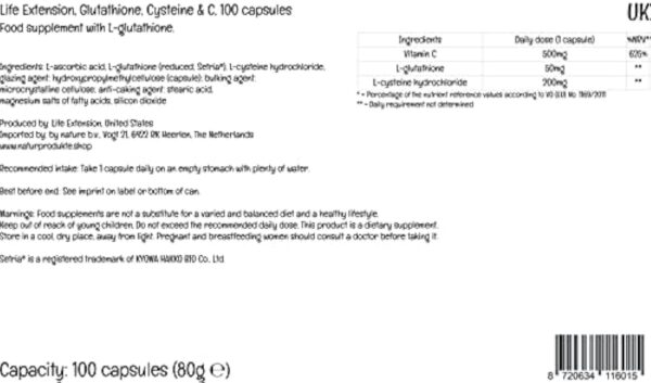 Life Extension, Glutathione Cystéine & C, Hautement Dosé, 100 Capsules végétaliennes, Testé en Laboratoire, Sans Gluten, Végétarien, Sans Soja, Sans OGM – Image 4