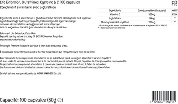 Life Extension, Glutathione Cystéine & C, Hautement Dosé, 100 Capsules végétaliennes, Testé en Laboratoire, Sans Gluten, Végétarien, Sans Soja, Sans OGM – Image 5