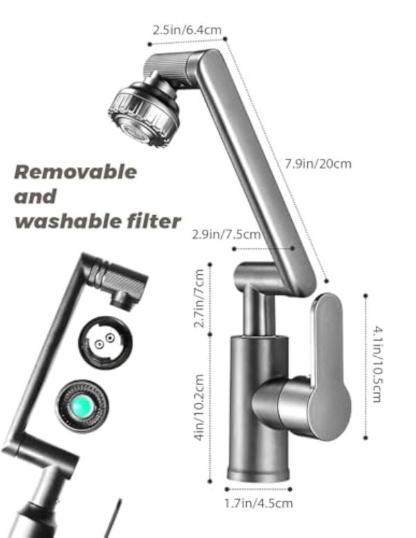 MIDINGCHAI Flexible Robinet Cuisine, Haut Orientable Librement Robinet Salle Bain, Extensible Mitigeur Cuisine en Acier Inoxydable, 2 Modes de Réglage du Débit D'eau – Image 6