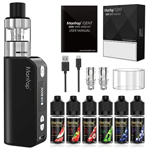 Manvap GENT Cigarette Électronique Kit Complet 80W 2200mAh avec 6x10ml E Liquide, Top Refill Atomiseur 0,3ohm 2ml, E-Cigarette Vape Pen Set sans Nicotine noir