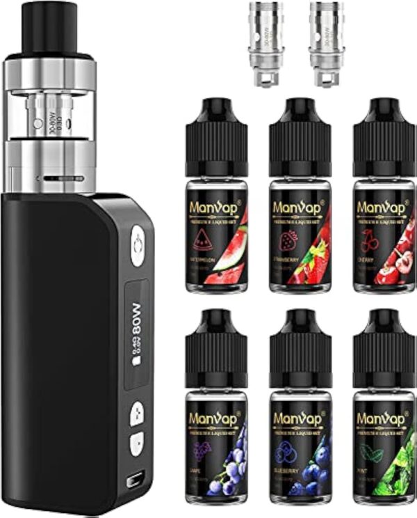 Manvap GENT Cigarette Électronique Kit Complet 80W 2200mAh avec 6x10ml E Liquide, Top Refill Atomiseur 0,3ohm 2ml, E-Cigarette Vape Pen Set sans Nicotine noir – Image 3