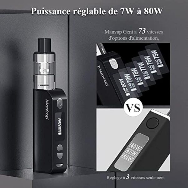 Manvap GENT Cigarette Électronique Kit Complet 80W 2200mAh avec 6x10ml E Liquide, Top Refill Atomiseur 0,3ohm 2ml, E-Cigarette Vape Pen Set sans Nicotine noir – Image 4