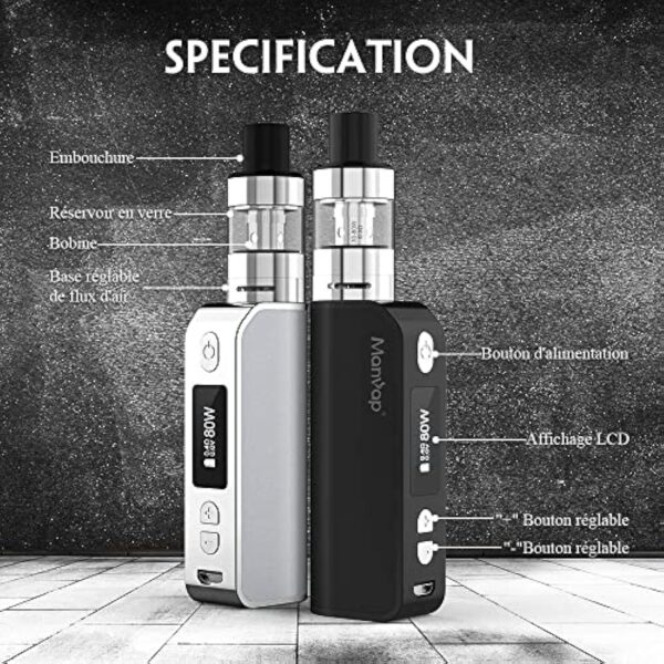 Manvap GENT Cigarette Électronique Kit Complet 80W 2200mAh avec 6x10ml E Liquide, Top Refill Atomiseur 0,3ohm 2ml, E-Cigarette Vape Pen Set sans Nicotine noir – Image 6