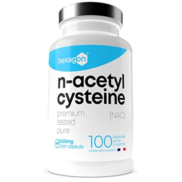 NAC N-Acetyl-Cysteine 600mg - +3 Mois De Cure - Antioxydant & Détoxifiant - Made in France - Boost Glutathion - Detox Foie & Protection - 100 Gélules Végétales - Vegan - Sans Additifs - Hexagon