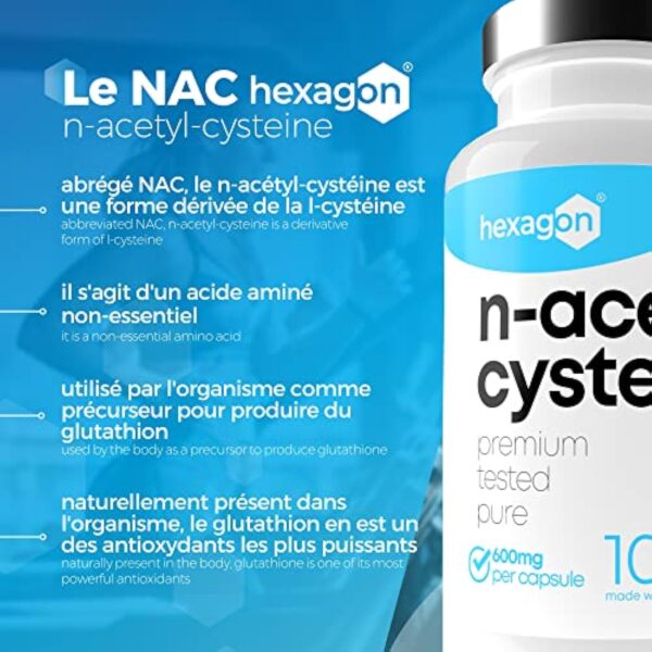 NAC N-Acetyl-Cysteine 600mg - +3 Mois De Cure - Antioxydant & Détoxifiant - Made in France - Boost Glutathion - Detox Foie & Protection - 100 Gélules Végétales - Vegan - Sans Additifs - Hexagon – Image 3