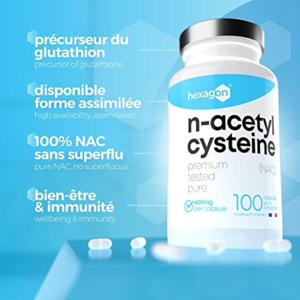 NAC N-Acetyl-Cysteine 600mg - +3 Mois De Cure - Antioxydant & Détoxifiant - Made in France - Boost Glutathion - Detox Foie & Protection - 100 Gélules Végétales - Vegan - Sans Additifs - Hexagon – Image 5