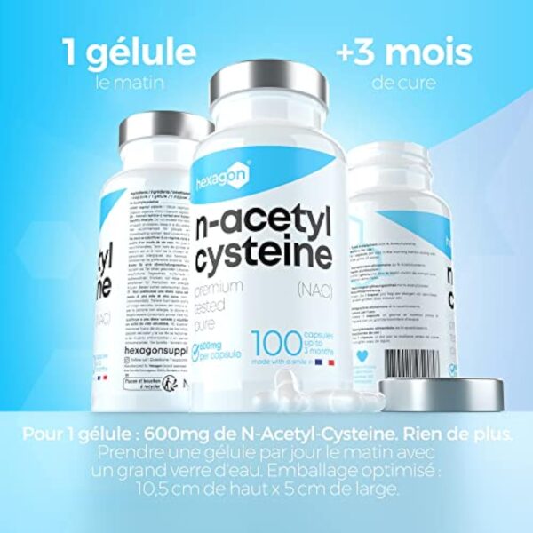 NAC N-Acetyl-Cysteine 600mg - +3 Mois De Cure - Antioxydant & Détoxifiant - Made in France - Boost Glutathion - Detox Foie & Protection - 100 Gélules Végétales - Vegan - Sans Additifs - Hexagon – Image 6