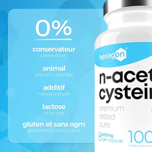 NAC N-Acetyl-Cysteine 600mg - +3 Mois De Cure - Antioxydant & Détoxifiant - Made in France - Boost Glutathion - Detox Foie & Protection - 100 Gélules Végétales - Vegan - Sans Additifs - Hexagon – Image 7