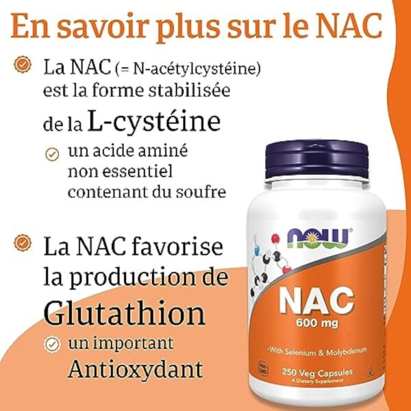 Now Foods, NAC (N-Acétyl Cystéine), 600mg Dépôt de 3 Jours, Complément Alimentaire, 250 Capsules végétaliennes, Testé en Laboratoire, Sans Soja, Sans Gluten, Sans OGM – Image 4